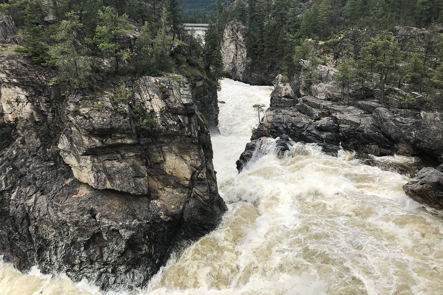 Lower section of Cascade Falls, taken at near-peak river level for 2020. (Jensen Edwards/Grand Forks Gazette)