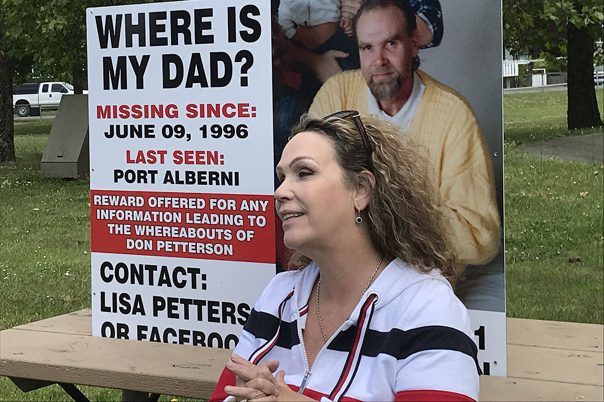 LIsa Petterson of Merville, B.C. sits in Gyro Williamson Park in Port Alberni, B.C. where her father was seen before he disappeared 24 years ago. Don Petterson spent the night of June 9, 1996 in cells at Port Alberni’s RCMP station, and when released the next morning he was never heard from again. (SUSAN QUINN/ Alberni Valley News)