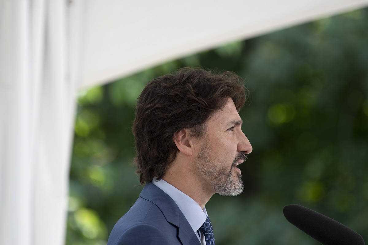 Prime Minister Justin Trudeau responds to a reporters question during a news conference outside Rideau Cottage in Ottawa, Monday June 22, 2020. THE CANADIAN PRESS/Adrian Wyld