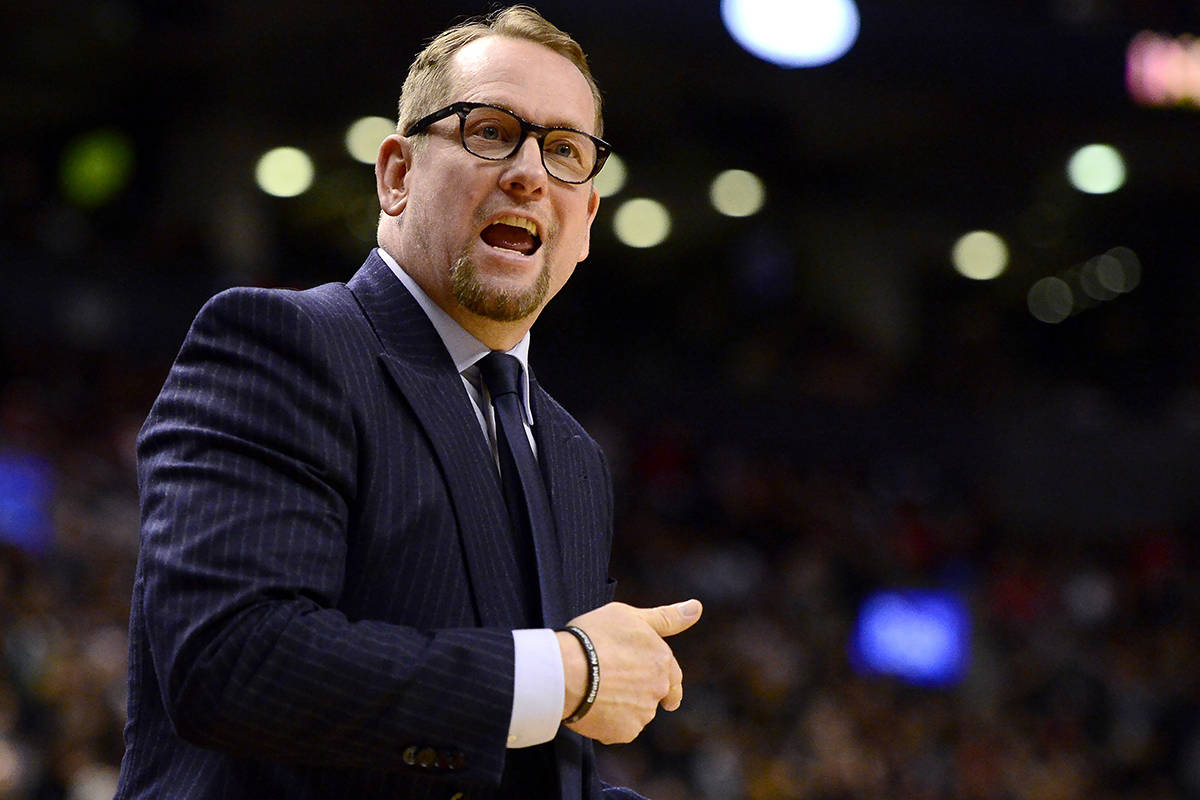 Toronto Raptors head coach Nick Nurse directs play from courtside during first half NBA basketball action against the Brooklyn Nets, in Toronto, Saturday, Feb. 8, 2020. Nurse wasn’t sure to expect from his players after nearly four months off, but the Toronto Raptors coach said they “look fantastic,” particularly the “chiseled Marc” Gasol. THE CANADIAN PRESS/Frank Gunn