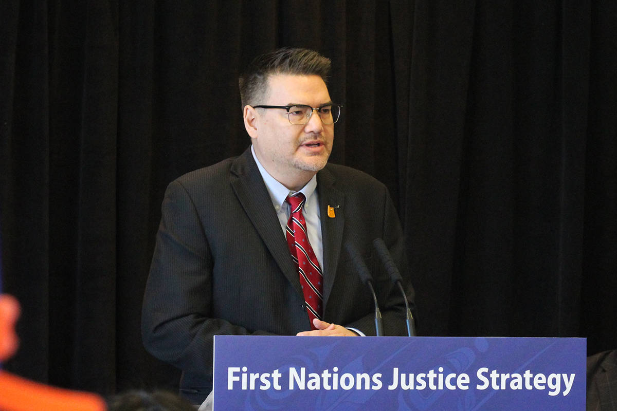 Doug White III, chairman of the B.C. First Nations Justice Council, speaks at the endorsing and signing of the First Nations Justice Strategy March 6, 2020, at Nanaimo’s Vancouver Island Conference Centre. (Greg Sakaki/News Bulletin)