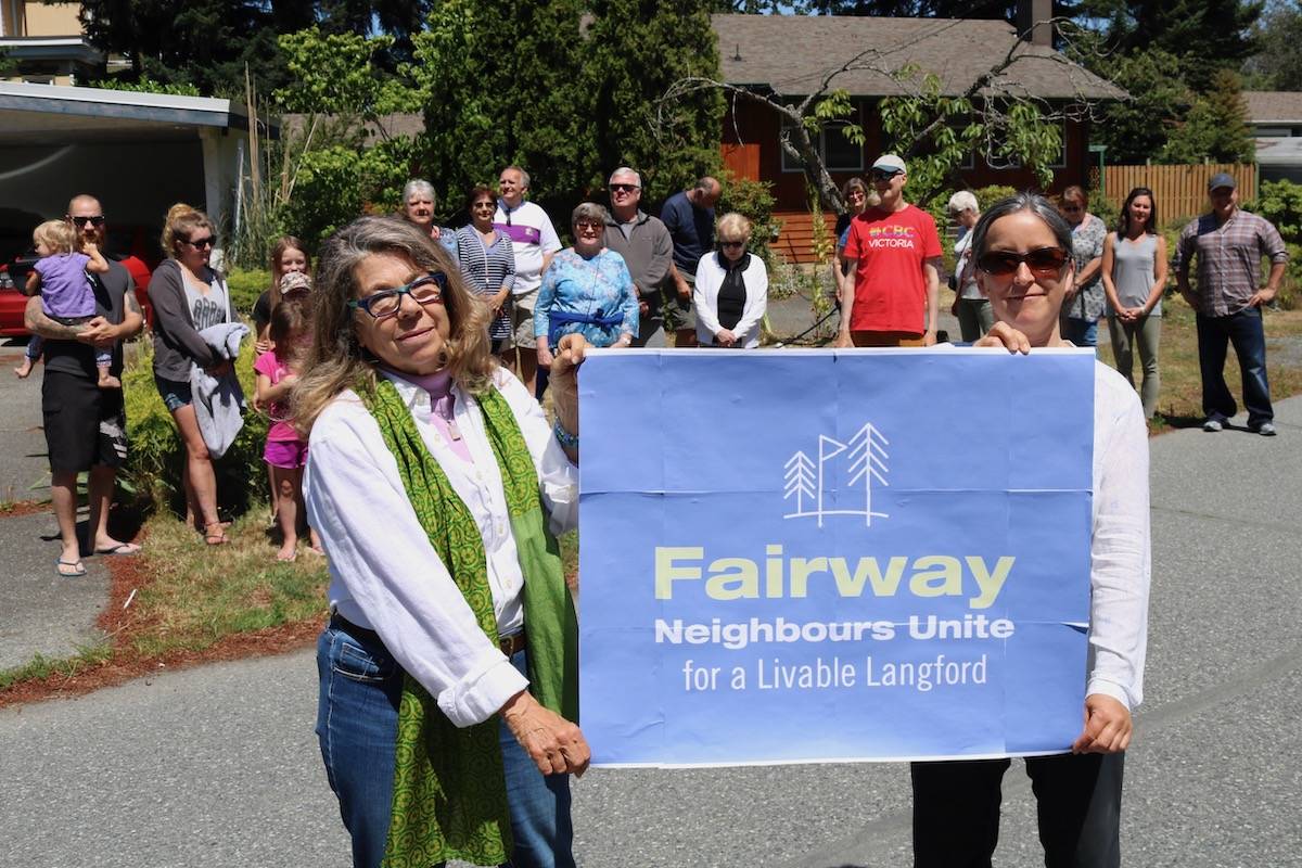 Langford resident J Scott and over a dozen neighbours are upset over a proposal for two 11-storey buildings along Fairway Avenue. (Aaron Guillen/News Staff)