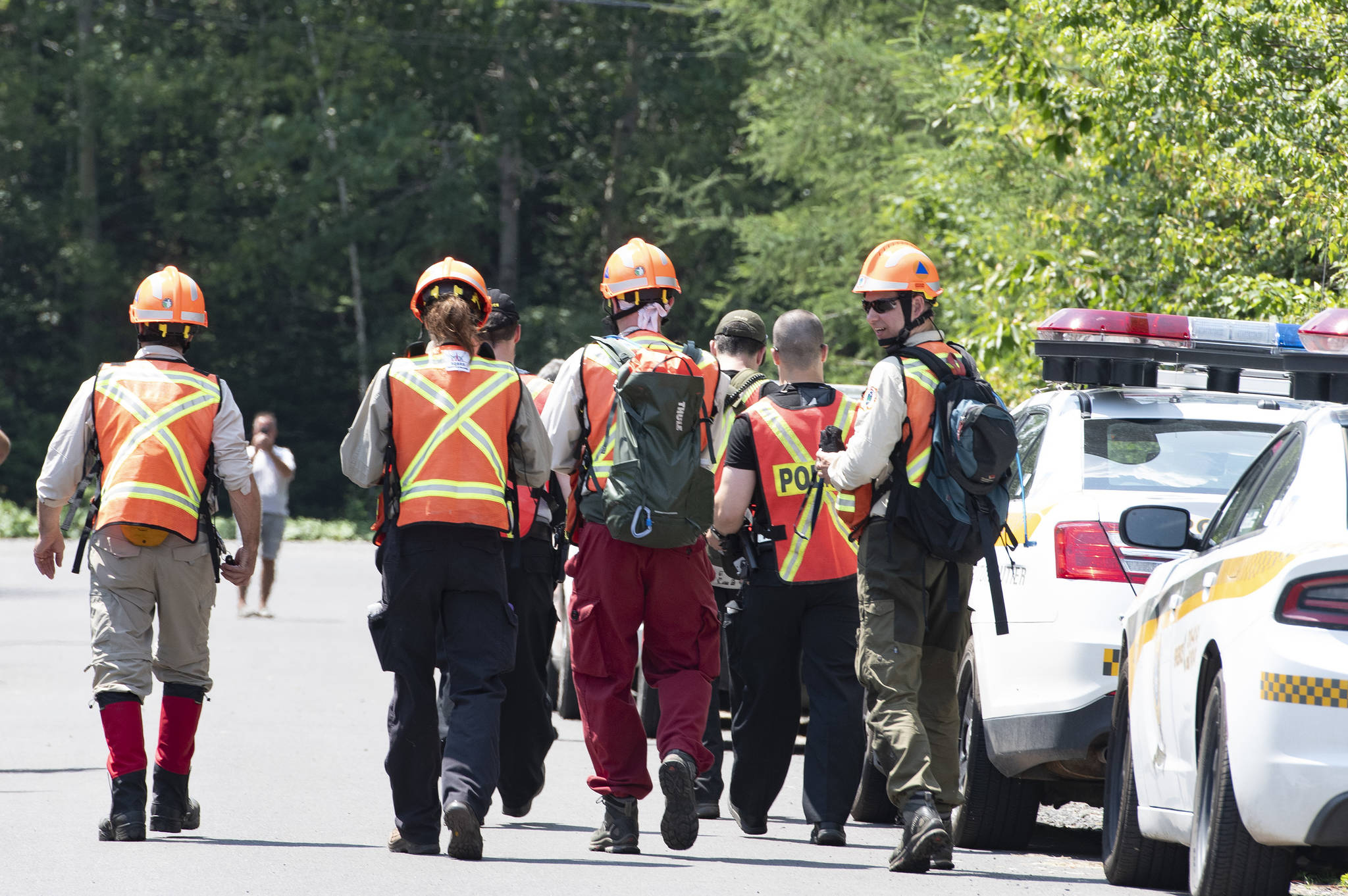 Police officers and volunteers march to the woods to search, Friday, July 10, 2020 in Saint-Apollinaire Que. Police are continuing their search around a Quebec City suburb after they issued an Amber Alert Thursday for two young girls and their 44-year-old father who investigators believe disappeared following a highway car crash. THE CANADIAN PRESS/Jacques Boissinot