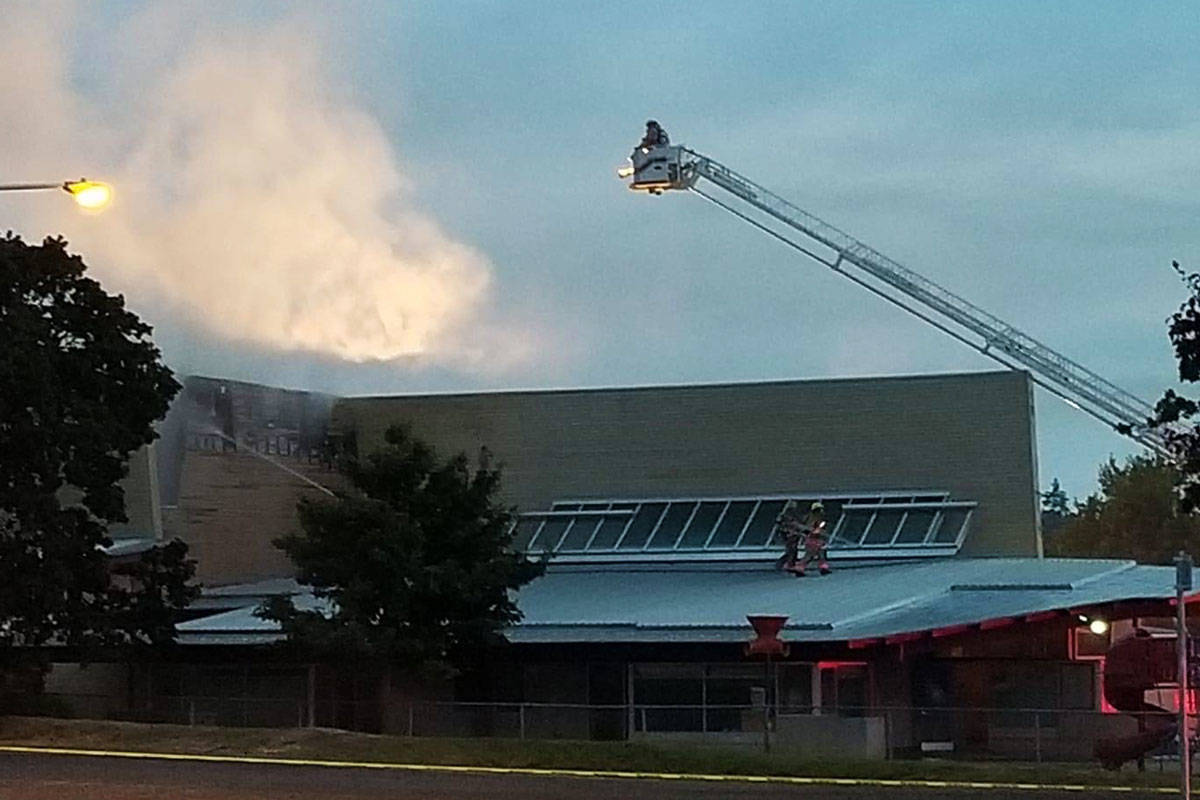 The Saanich Fire Department is investigating an early morning fire at Strawberry Vale Elementary school that caused extensive damage to the roof. (Photo courtesy Tamara Pillipow)