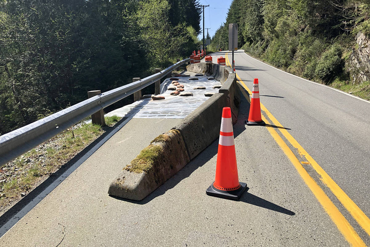 This stretch of Highway 14 on Parkinson Hill near Port Renfrew has been limited to one lane of traffic since a road washout in 2018. The province recently awarded a contract to construct a retaining wall and do other safety related work on the roadway to bring it back to two-lane traffic. (Ministry of Transportation photo)