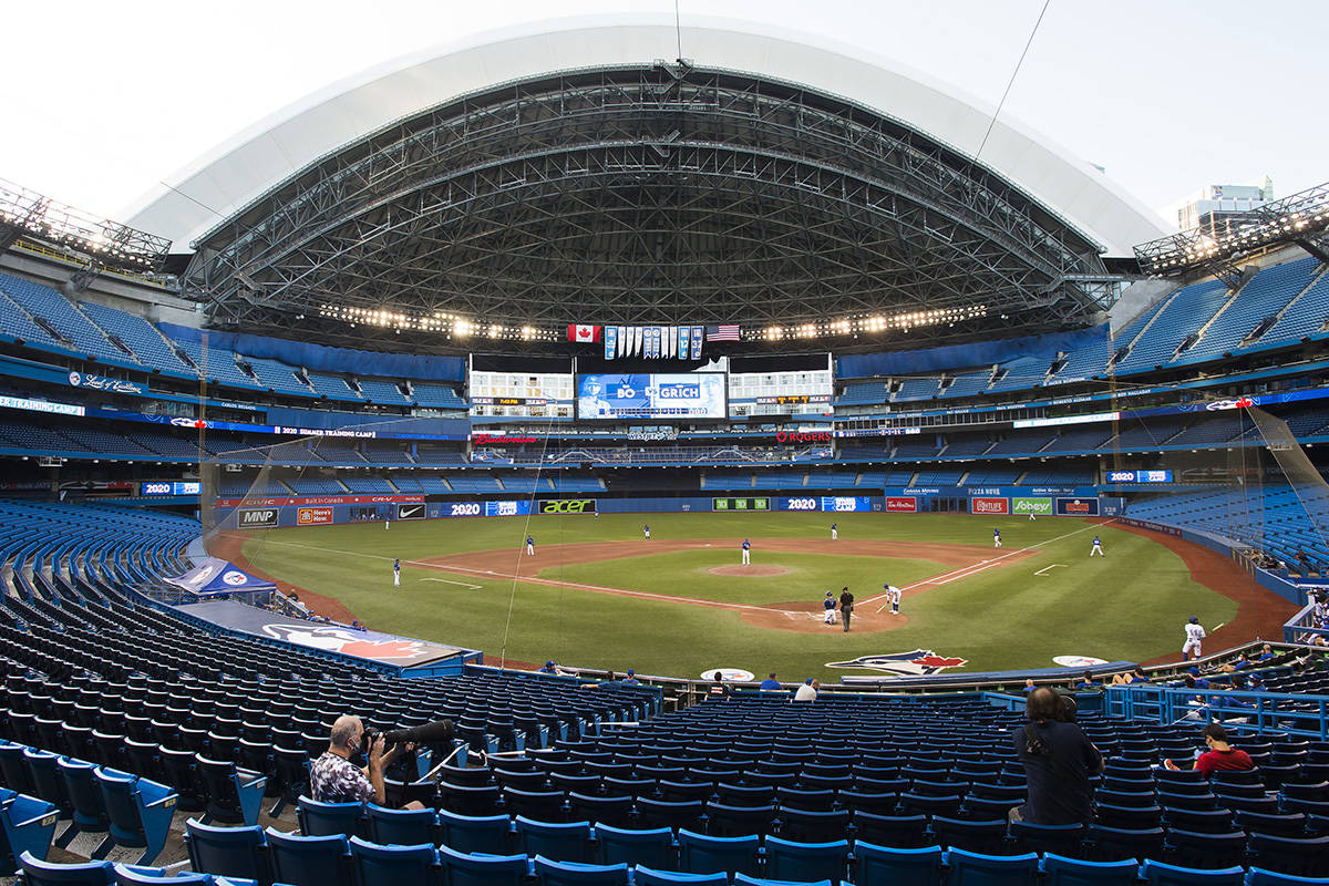 Toronto Blue Jays play an MLB intersquad baseball action in Toronto on Friday, July 17, 2020. THE CANADIAN PRESS/Nathan Denette