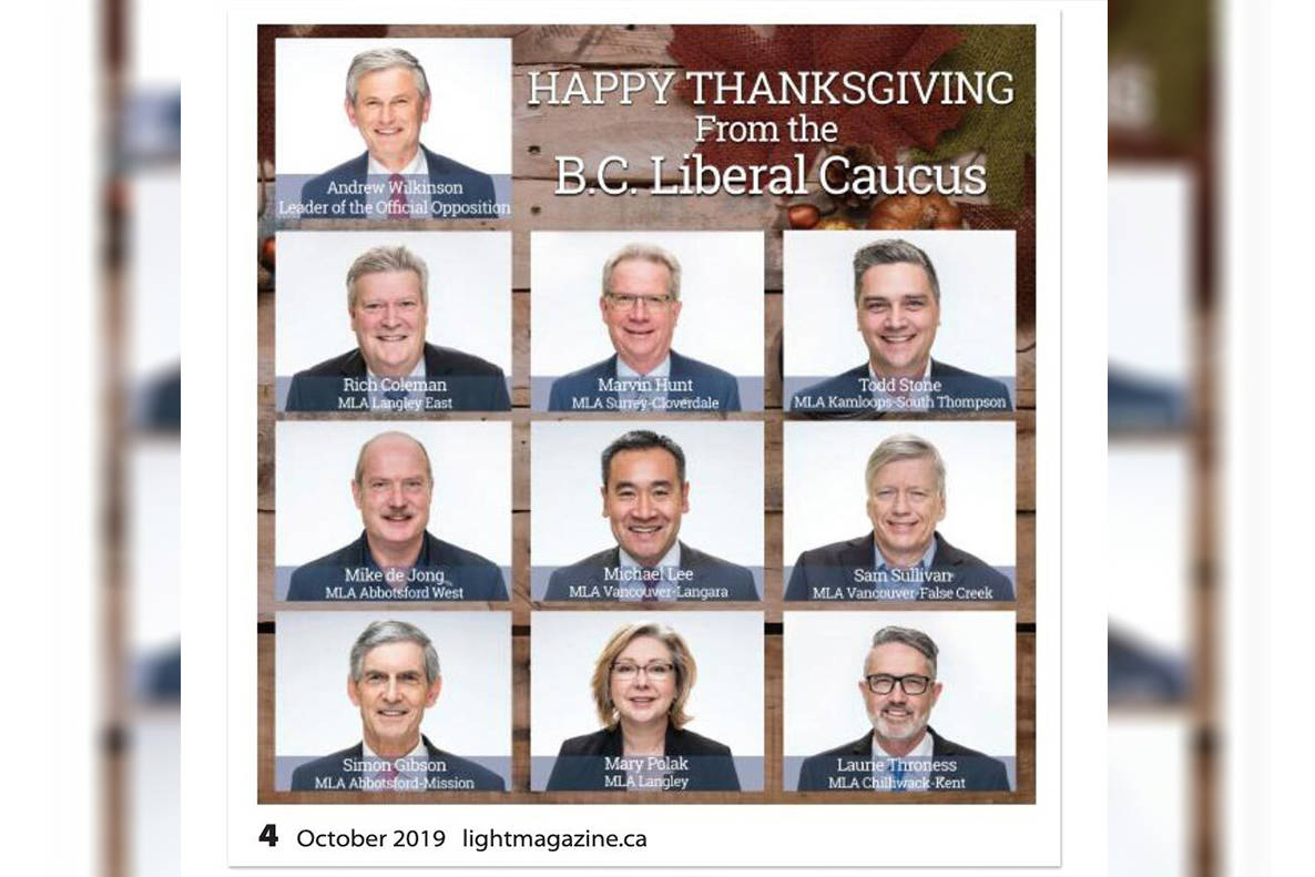 BC Liberal ad from Oct. 4, 2019 in The Light Magazine, a Christian publication out of Langley that frequently publishes homophobic and transphobic content. (Lightmagazine.ca)