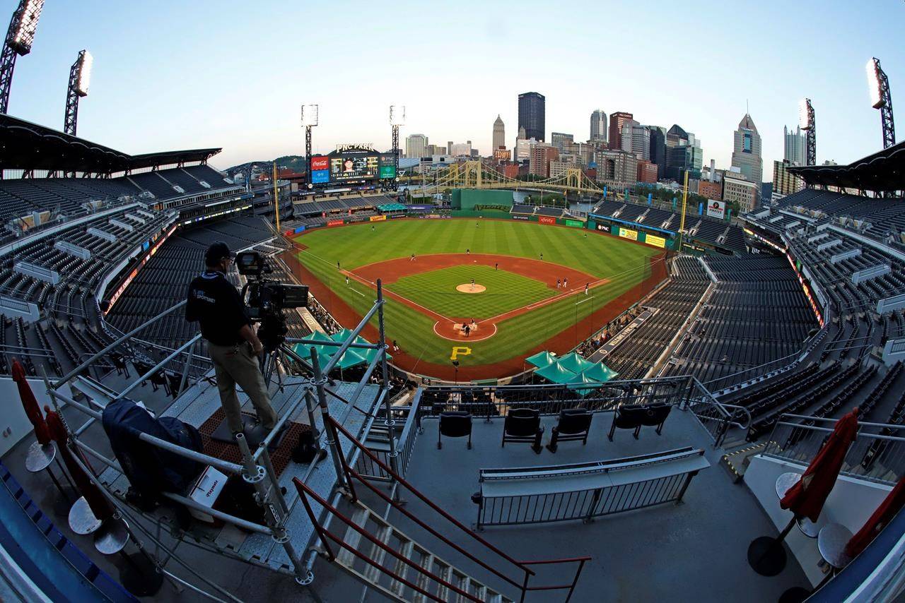 The Cleveland Indians and the Pittsburgh Pirates play an exhibition baseball game at PNC Park in Pittsburgh, Saturday, July 18, 2020. (AP Photo/Gene J. Puskar)