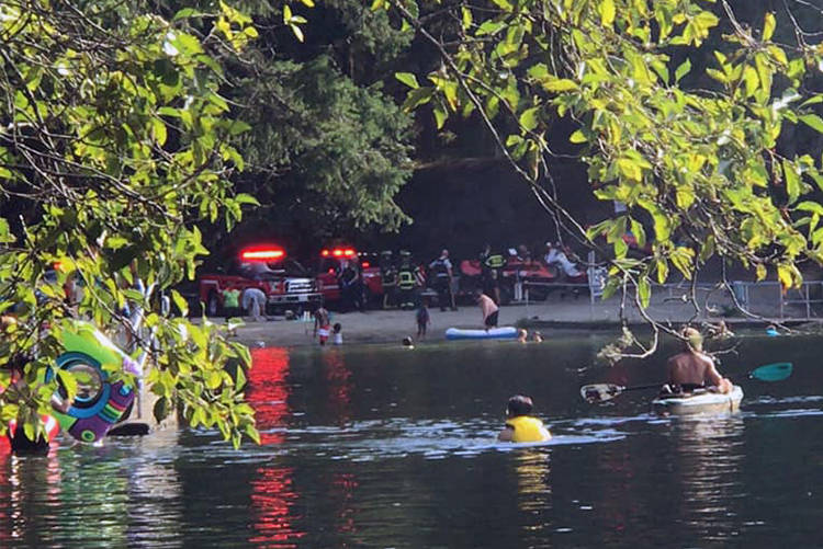 BC Ambulance and View Royal Fire Rescue responded to a critically-injured young male at Thetis Lake on Wednesday evening. Fire Chief Paul Hurst says he repeats the same warning every year, asking the public to avoid the cliffs and be safe around the lake. (Courtesy of Adam Evans)