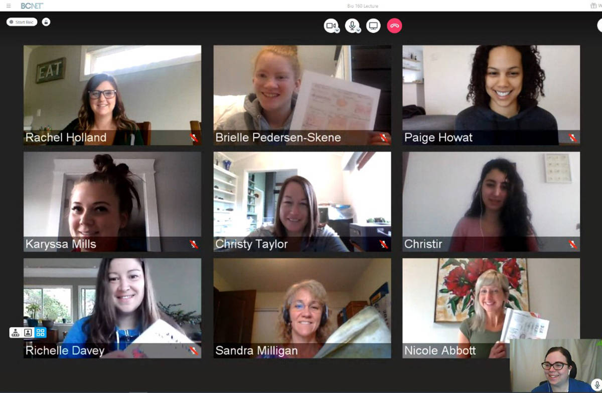 NIC Bio 160 students meet for a virtual question and answer session with instructor Emaline Montgomery (bottom right). Image provided