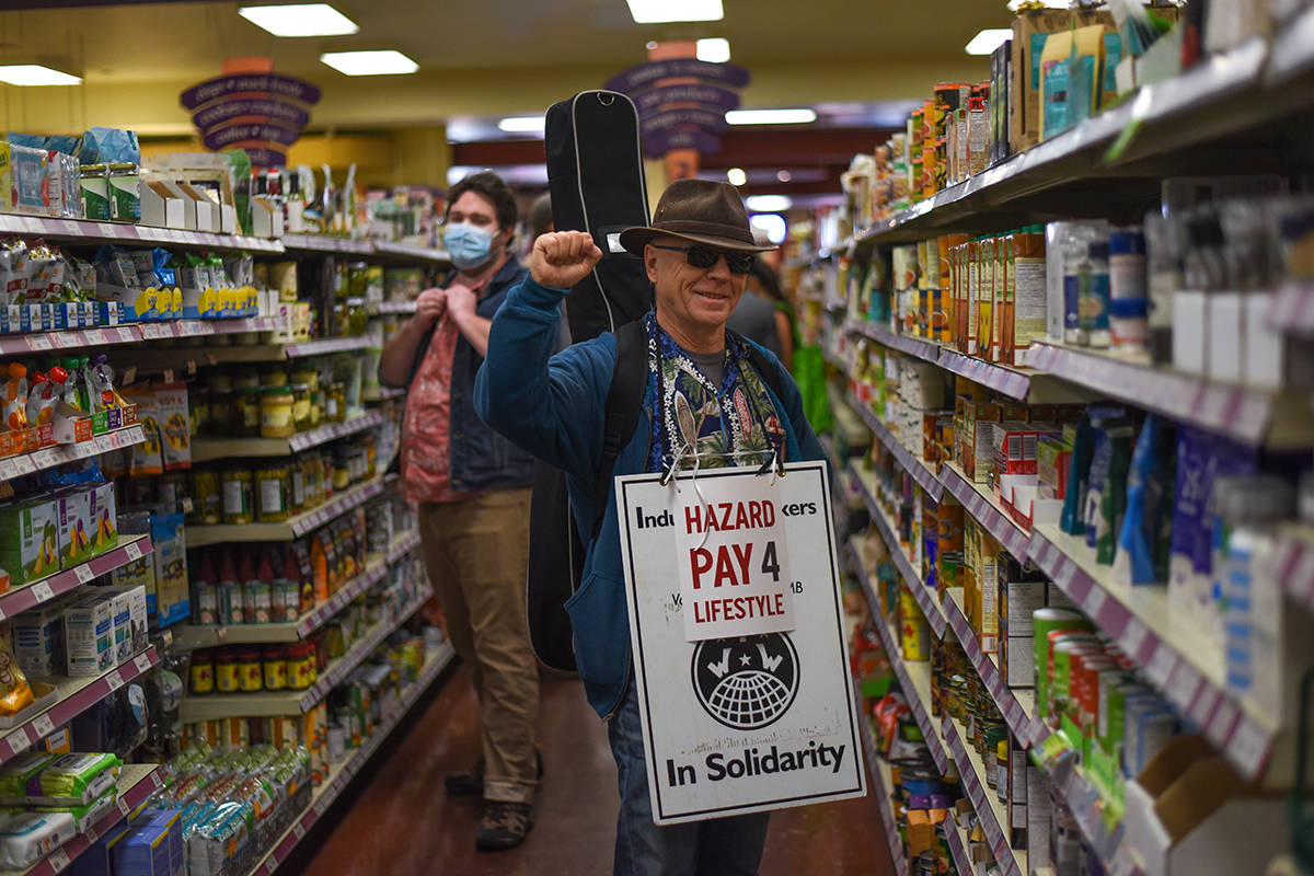 Protesters staged a ‘noise demo’ at the Lifestyle Market on Douglas Street on April 16. (Photo by Mike Graeme)