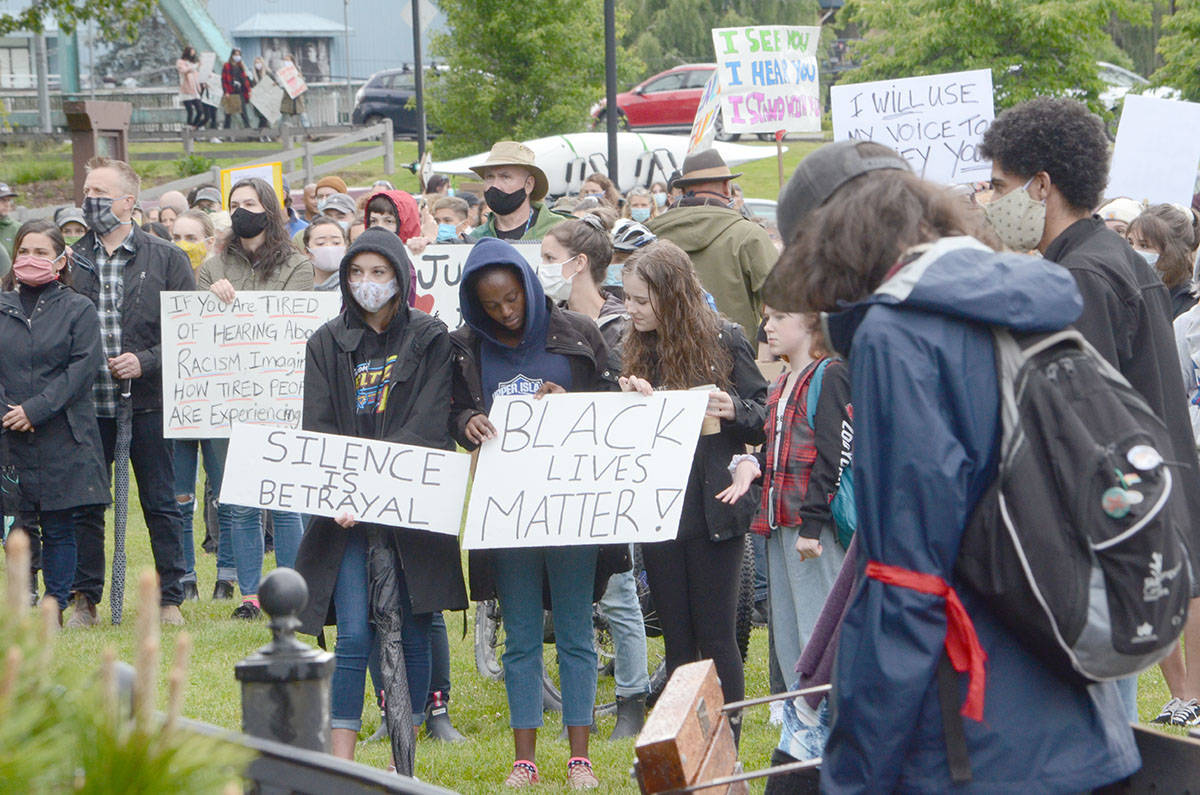 A large crowd gathered at Simms Park in Courtenay in June to hear speakers in support of Black Lives Matter as well as Indigenous people. A Comox Valley youth is now trying to raise funds to support the cause through a run. Record file photo