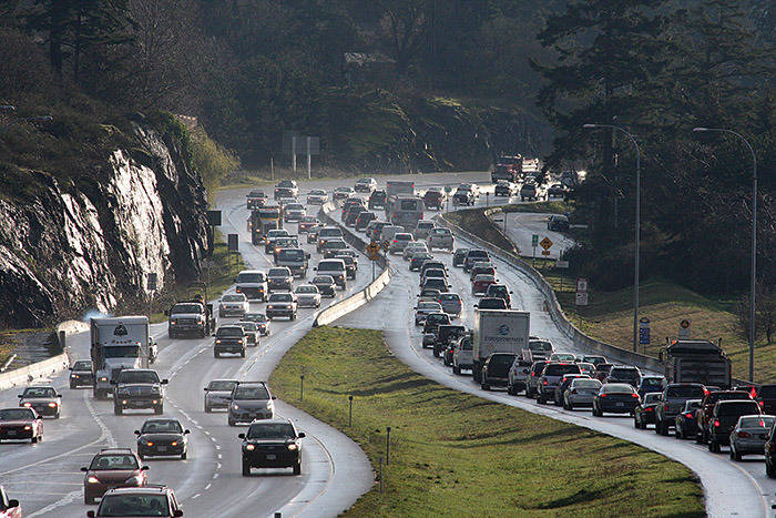 Vehicle traffic contributed approximately 46 per cent to the total greenhouse gas emissions in the Capital Region in 2018, according to a CRD staff report discussed by the board Wednesday. (Black Press Media files)