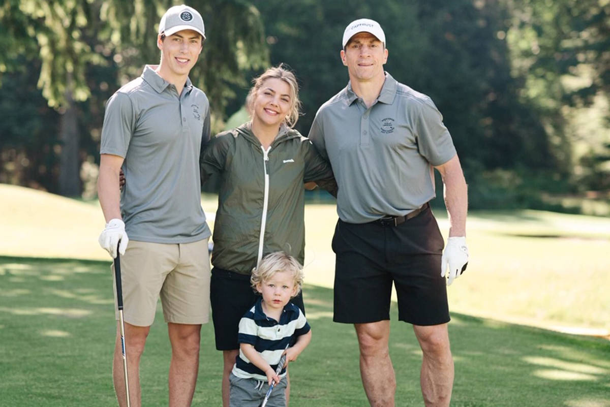 Campbell River’s Rod Brind’Amour/Ryan Nugent-Hopkins Golf Classic has raised nearly $2 million for cystic fibrosis research. From left: Ryan Nugent-Hopkins, Kim Wood, Rod Brind’Amour and, in front, Charlie Wood. Photo contributed