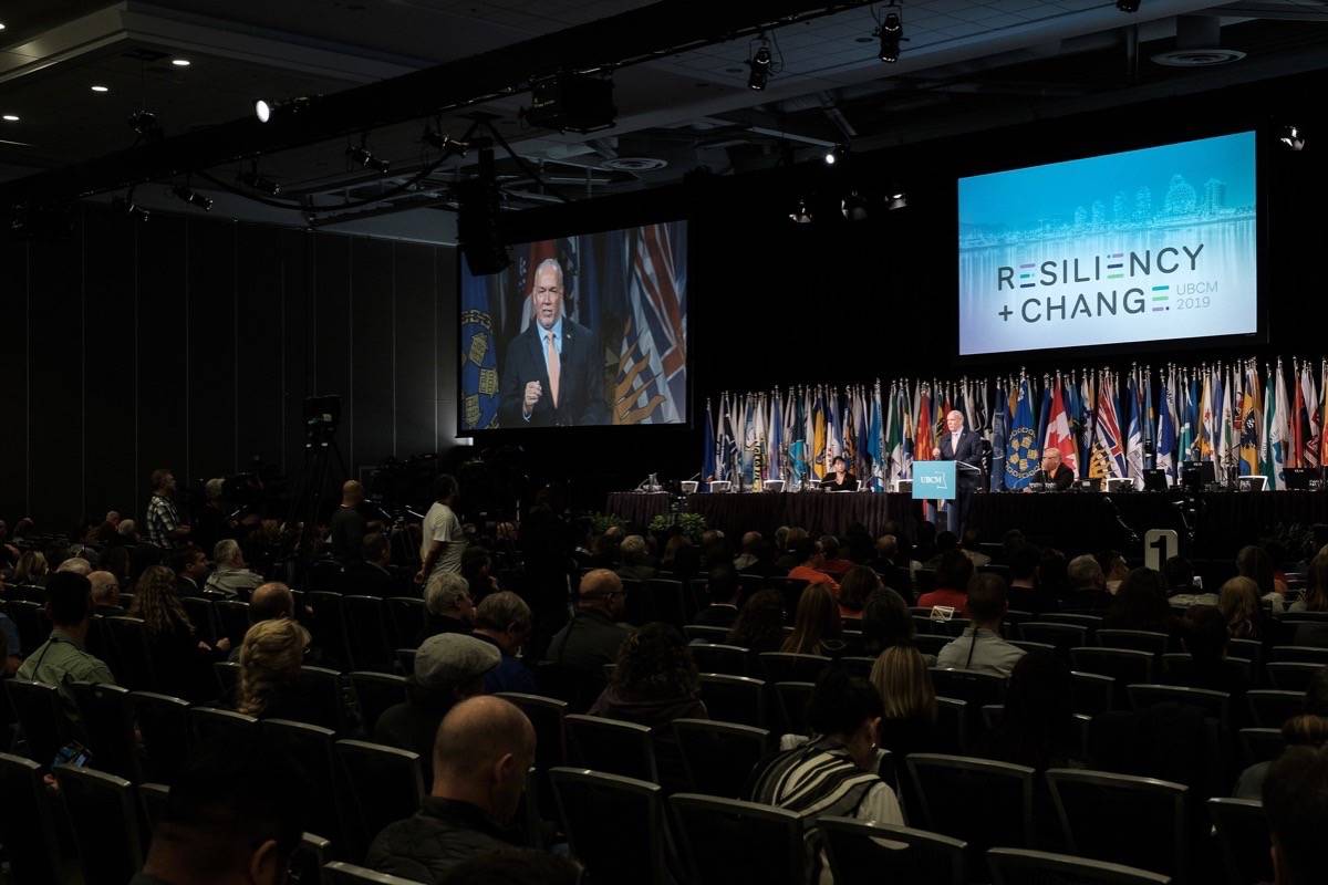 Premier John Horgan speaks to delegates at Union of B.C. Municipalities convention, Vancouver, Sept. 27, 2019. This year’s convention will be a virtual affair, broadcast from Victoria Sept. 22-24. (B.C. government)