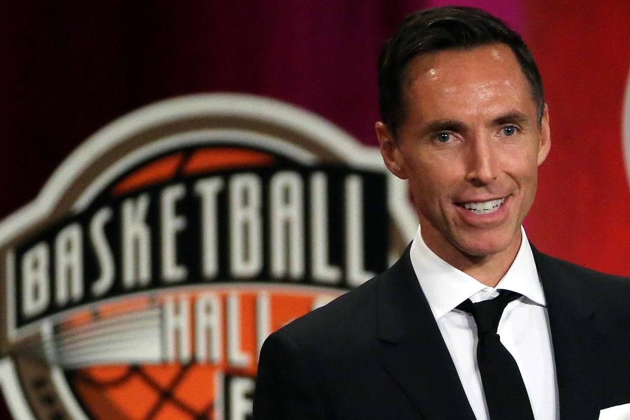FILE - In this Sept. 7, 2018, file photo, Steve Nash speaks during induction ceremonies at the Basketball Hall of Fame, in Springfield, Mass. The Brooklyn Nets hired Steve Nash as their coach Thursday, Sept. 3, 2020, putting the Hall of Fame point guard in charge of the team that hopes to have Kevin Durant and Kyrie Irving together next season. (AP Photo/Elise Amendola, File)
