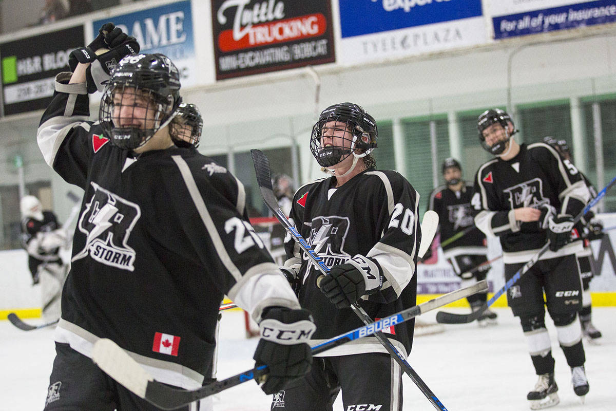 The Vancouver Island Junior Hockey League (VIJHL) is working to finalize a start date for the upcoming Island Junior B hockey season. In this file photo, the Campbell River Storm celebrate their ninth win in a row during regular season Junior B action at the Rod Brind’Amour Arena in Campbell River, B.C. on Jan. 3, 2020. The Storm beat the Generals 1-0. File photo by Marissa Tiel – Campbell River Mirror