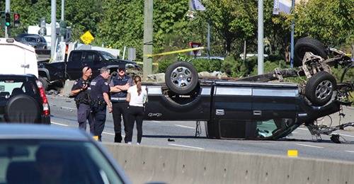Vehicle flipped upside down in the crash scene outside Ladysmith. (Photo submitted)