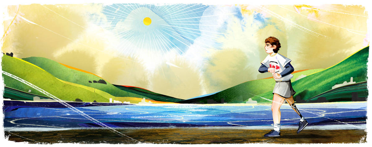 A Google Doodle created by Toronto-based artist Lynn Scurfield celebrates the anniversary of the first ever Terry Fox run. (Lynn Scurfield via Google)