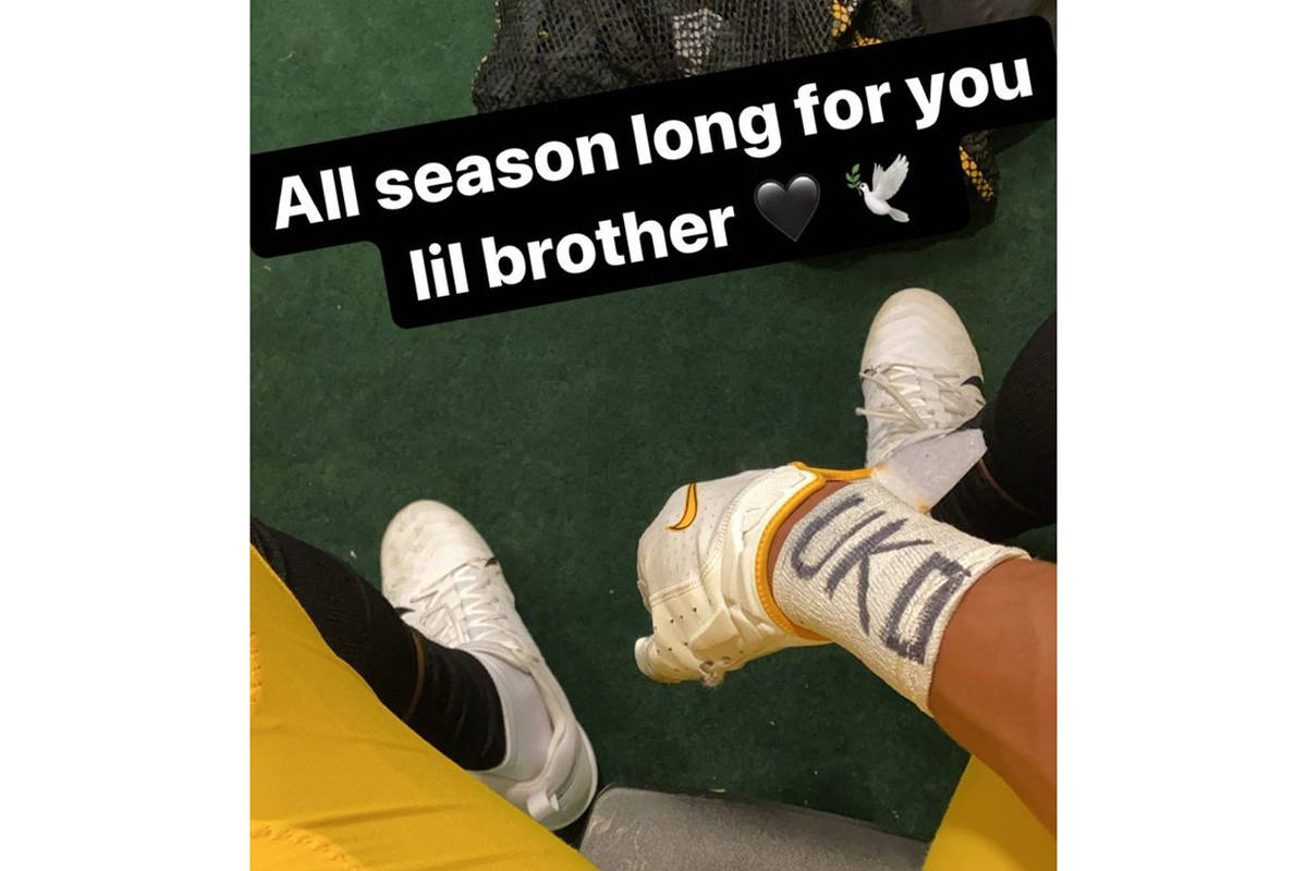 Chase Claypool shared a photo of the tribute he made to fallen former Abbotsford Panthers teammate Samwel Uko during his NFL debut on Monday night. (Twitter photo)