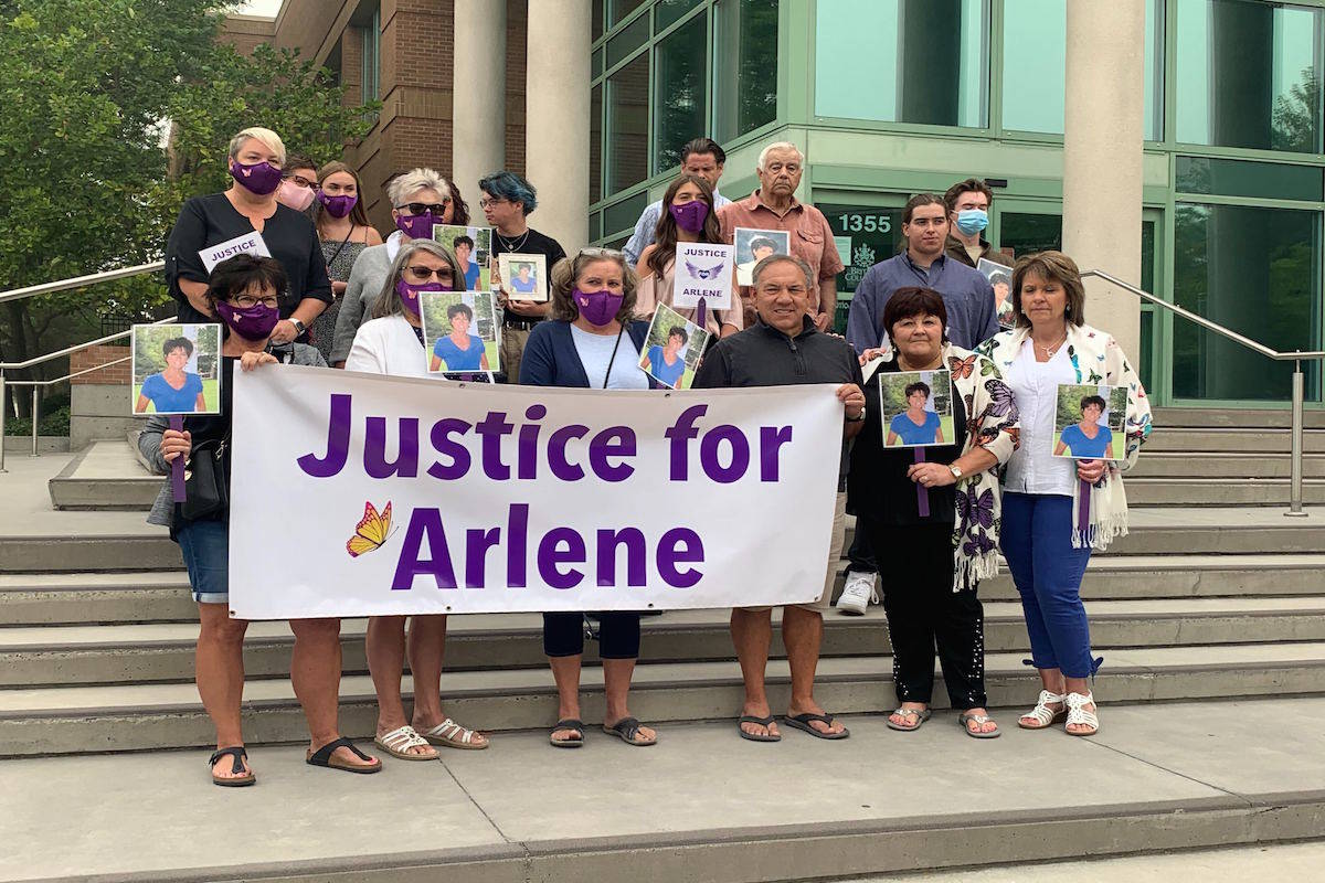 The family of the late Arlene Westervelt stands together in front of the Kelowna Law Courts on Sept. 14 to demand justice and answers as to why the BC Crown Prosecution Service has decided to stay the proceedings against Lambertus (Bert) Westervelt for the alleged murder of his wife Arlene. (Daniel Taylor - Black Press Media)