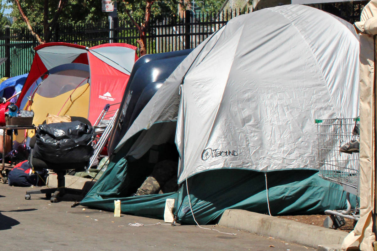 Tents on Wesley Street in Nanaimo. (News Bulletin file photo)