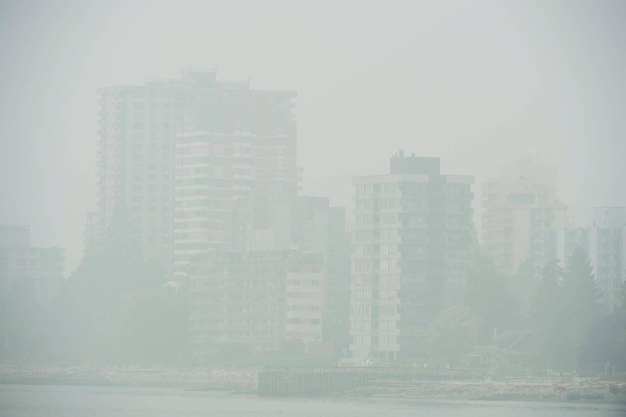 Buildings in West Vancouver, B.C., are obscured due to the heavy smoke in the air Monday, Sept. 14, 2020. Heavy smoke and poor air quality have been caused due to the wildfires burning south of the border. THE CANADIAN PRESS/Jonathan Hayward