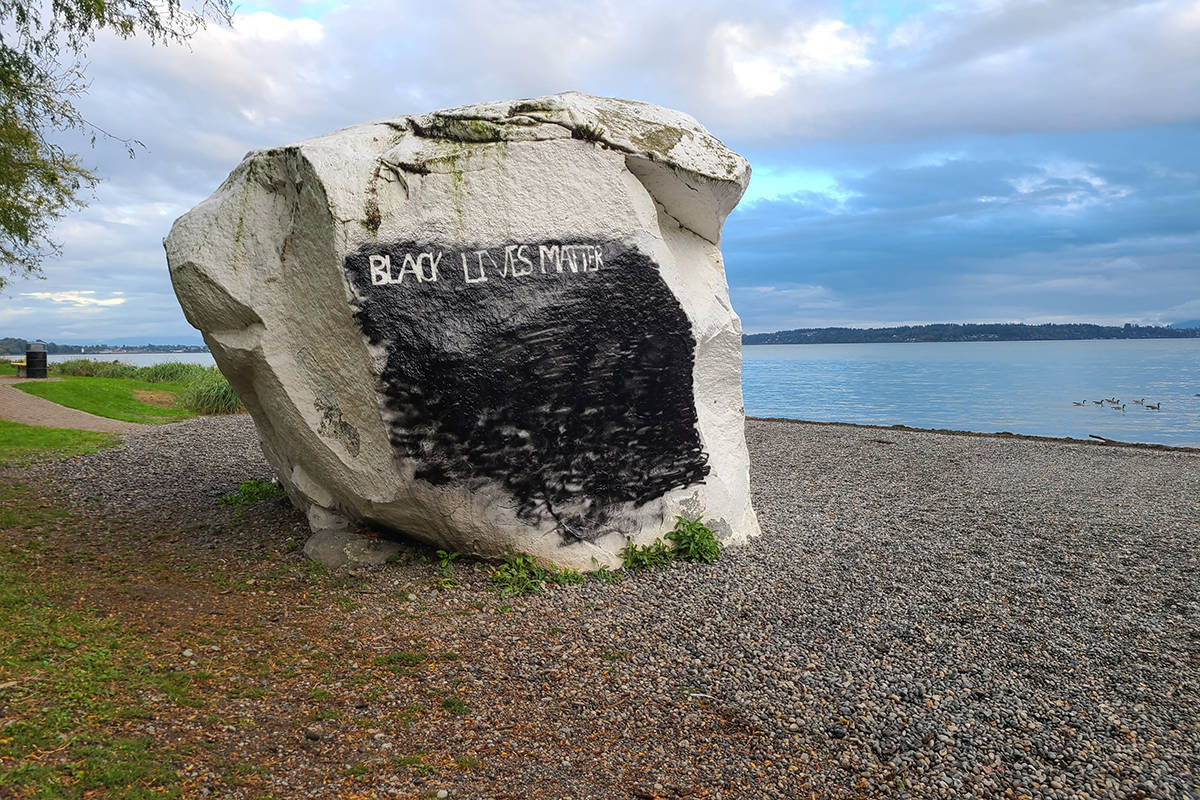 Someone vandalized the white rock by spray painting it black this weekend. (Aaron Hinks photo)