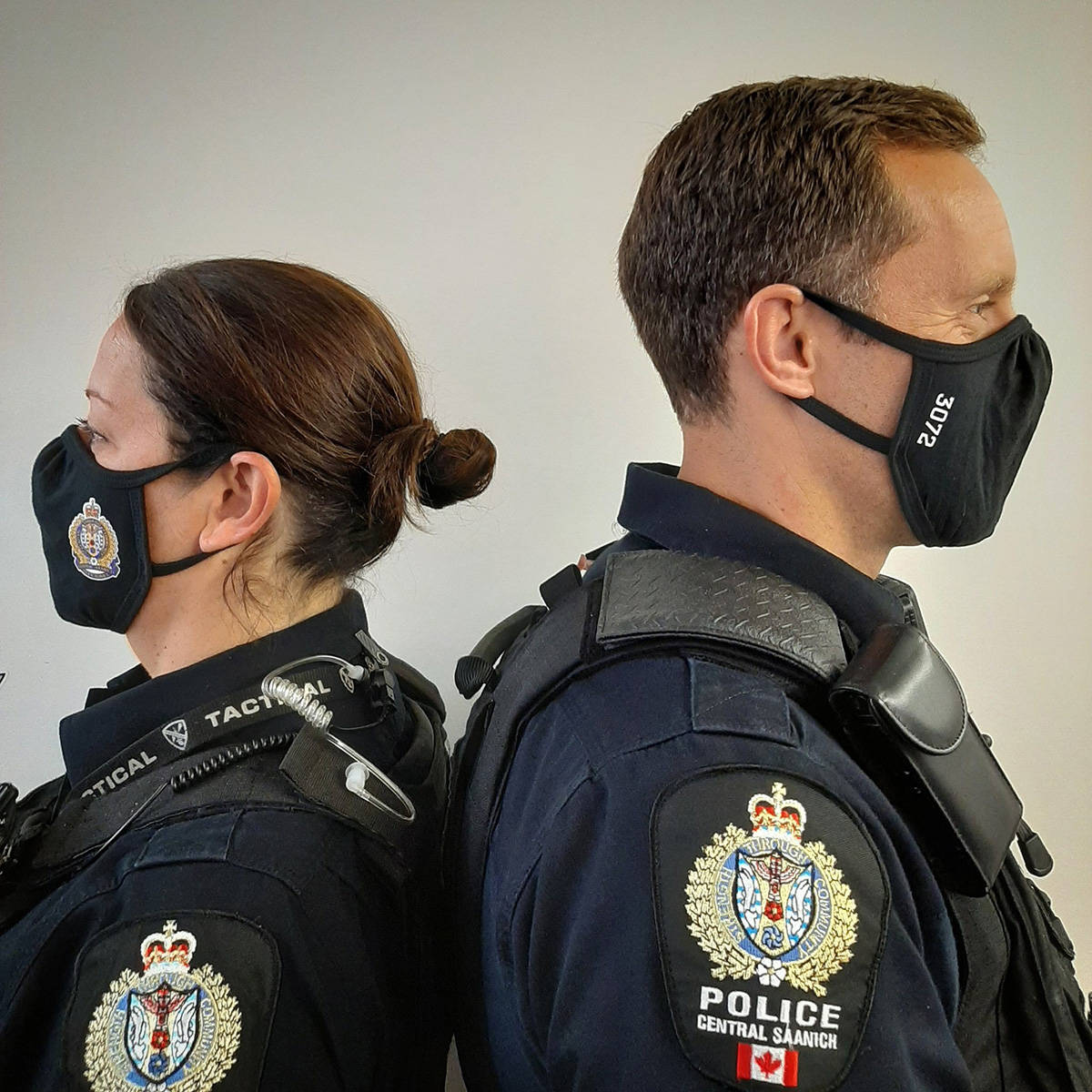 The uniform committee of the Central Saanich Police Service designed personalized masks for each officers. The public will see them wearing thee masks at calls and traffic stops. (Central Saanich Police Service/Twitter)