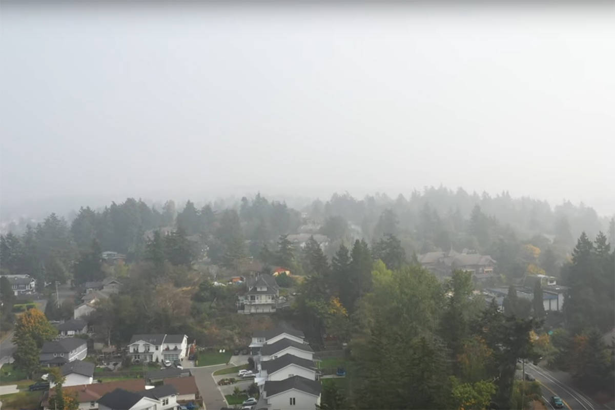 Drone footage of View Royal captures the wildfire smoke from the U.S. that blanketed the Capital Region in September. (Luc Cardinal/YouTube)