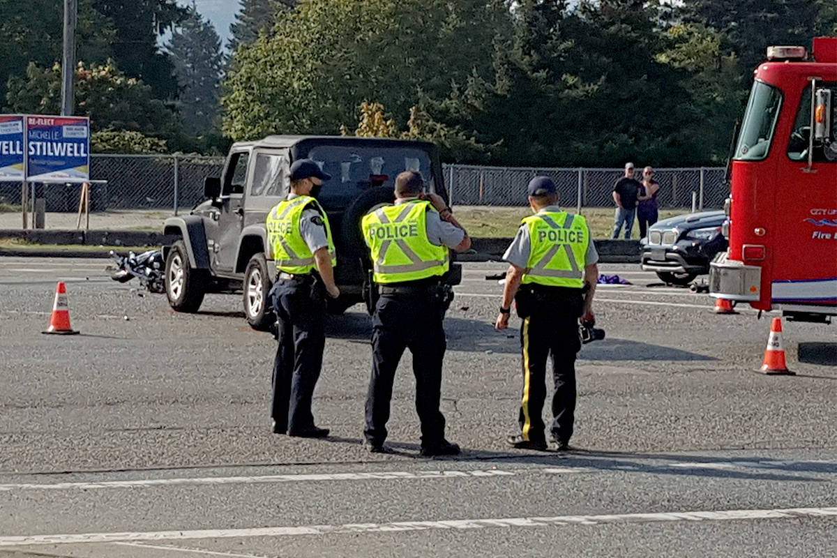 Nanaimo RCMP and Fire Rescue are on scene following a motor vehicle incident at the intersection of Old Island Highway and Turner Road. (Karl Yu/News Bulletin)