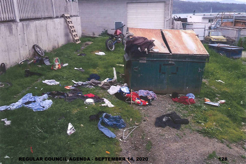 One of several photos depicting the exterior mess around the Harbourview Apartments on Third Avenue that was included in a 100-page report to council on the buillding. (CITY OF PORT ALBERNI PHOTO)