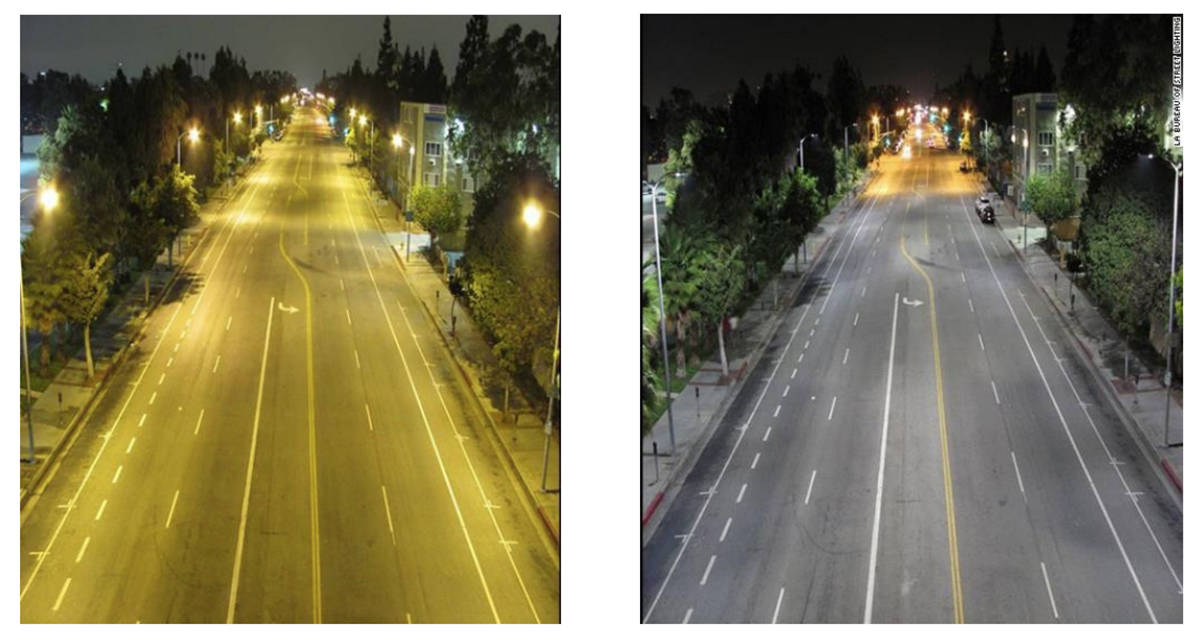 The effects of light spill from sodium lights (left) versus LED. Image, Village of Cumberland staff report