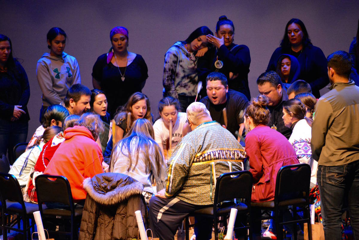 A Sinixt drum circle on the stage of the Capitol Theatre in Nelson. The case, which began in 2010, was heard at the Supreme Court of Canada on Oct. 8. Photo: Bill Metcalfe