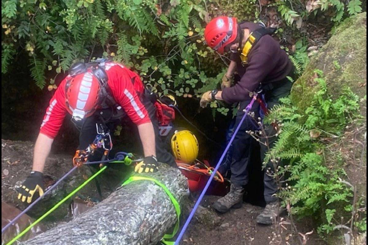 Members of the Arrowsmith Search and Rescue hoist a man (yellow helmet) who fell down a deep and very tight crevasse near the edge of Little Mountain in Errington on Oct. 8. (Ken Neden photo)