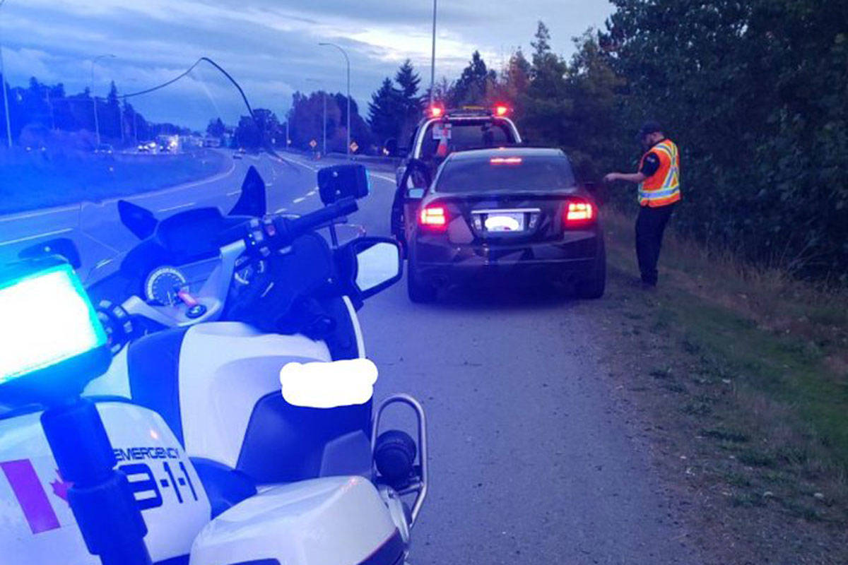 A Saanich police officer stopped a driver going 185 km/h on the Pat Bay Highway on Oct. 8. (Saanich Police Traffic Safety Unit/Twitter)
