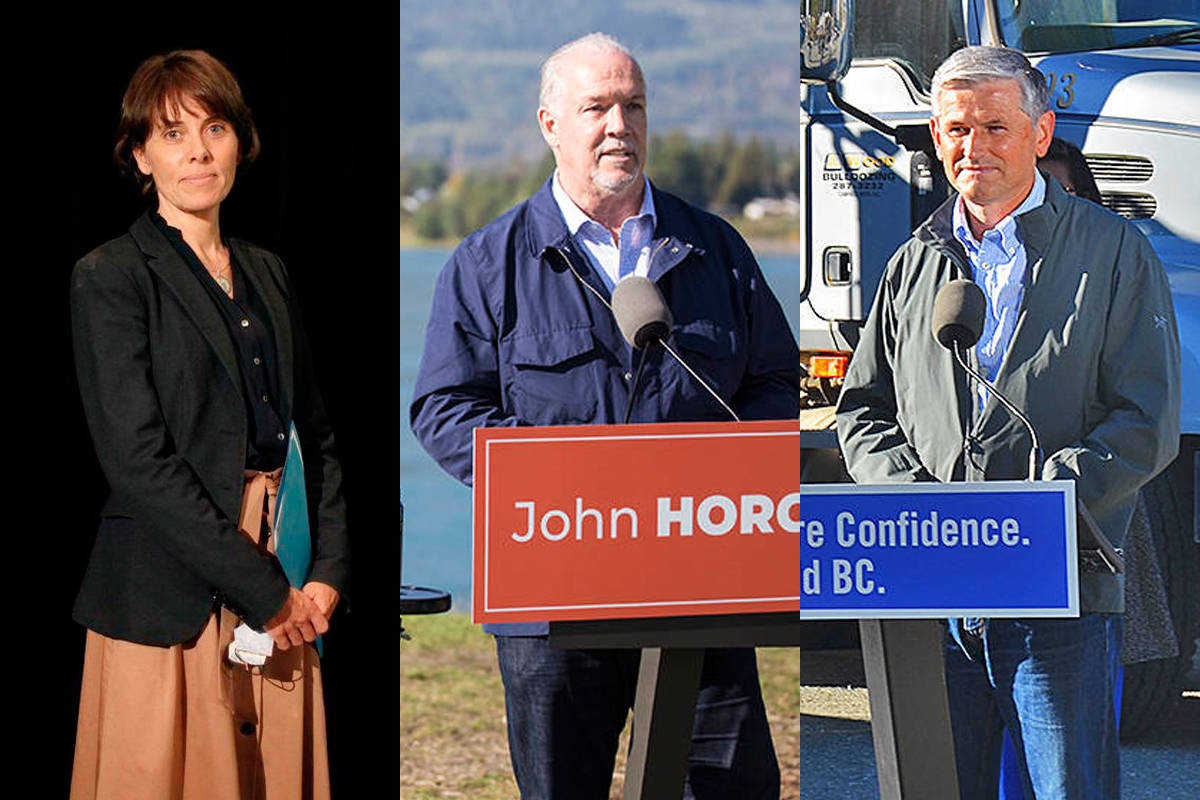 B.C. Green Party leader Sonia Furstenau, B.C. NDP leader John Horgan, and B.C. Liberal Party leader Andrew Wilkinson. (Canadian Press/Black Press photos)