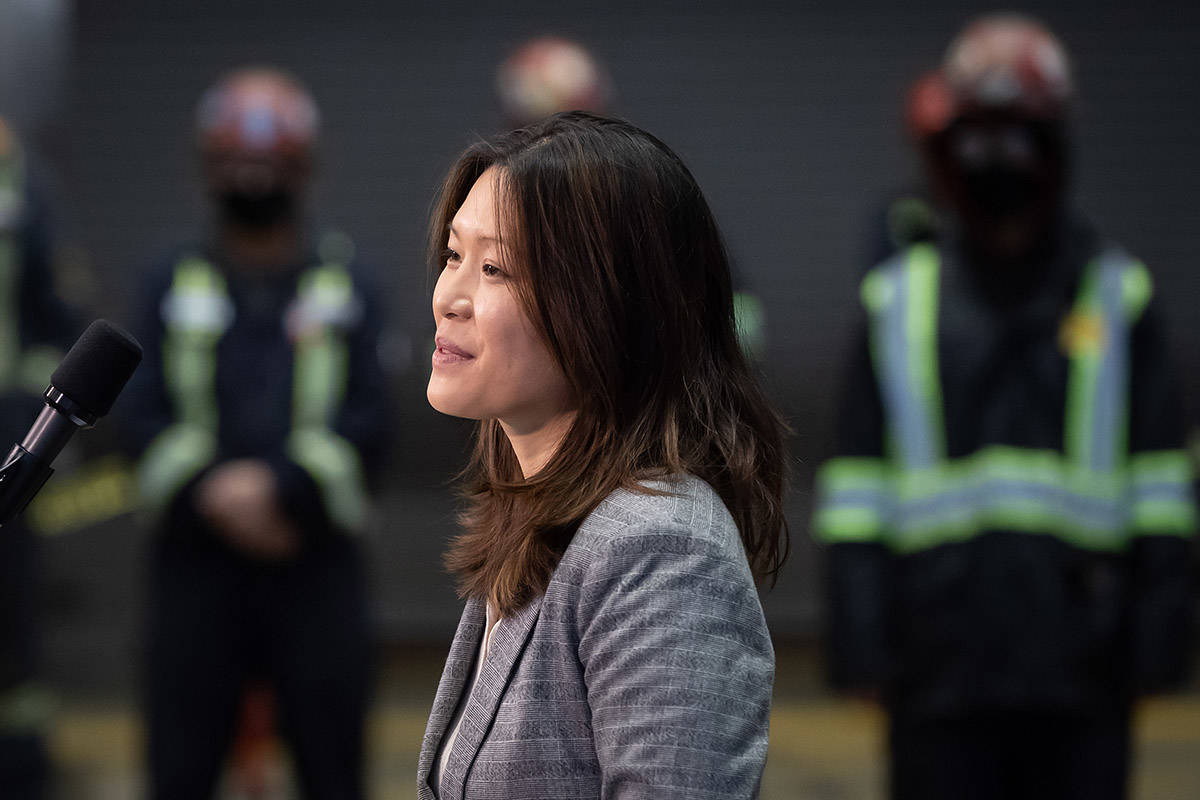 NDP candidate for North Vancouver-Lonsdale, Bowinn Ma, introduces NDP Leader John Horgan during a campaign stop at Seaspan Shipyards in North Vancouver B.C., on Friday, October 9, 2020. A provincial election will be held in British Columbia on October 24. THE CANADIAN PRESS/Darryl Dyck