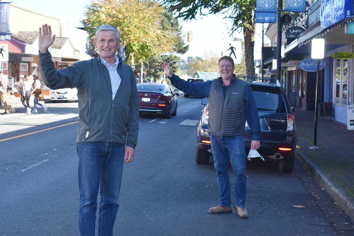 BC Liberal Party leader Andrew Wilkinson (front) was in Courtenay Tuesday, working with Courtenay-Comox candidate Brennan Day on his campaign. Photo by Terry Farrell