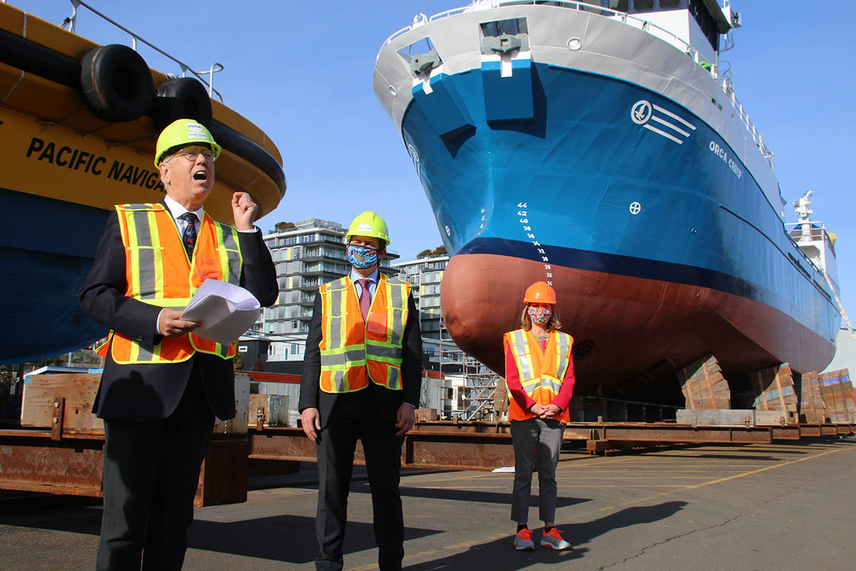 NDP candidates Murray Rankin, Rob Fleming and Mitzi Dead promised the government would launch a long-term ship repair strategy on Wednesday if reelected. (Kendra Crighton/News Staff)