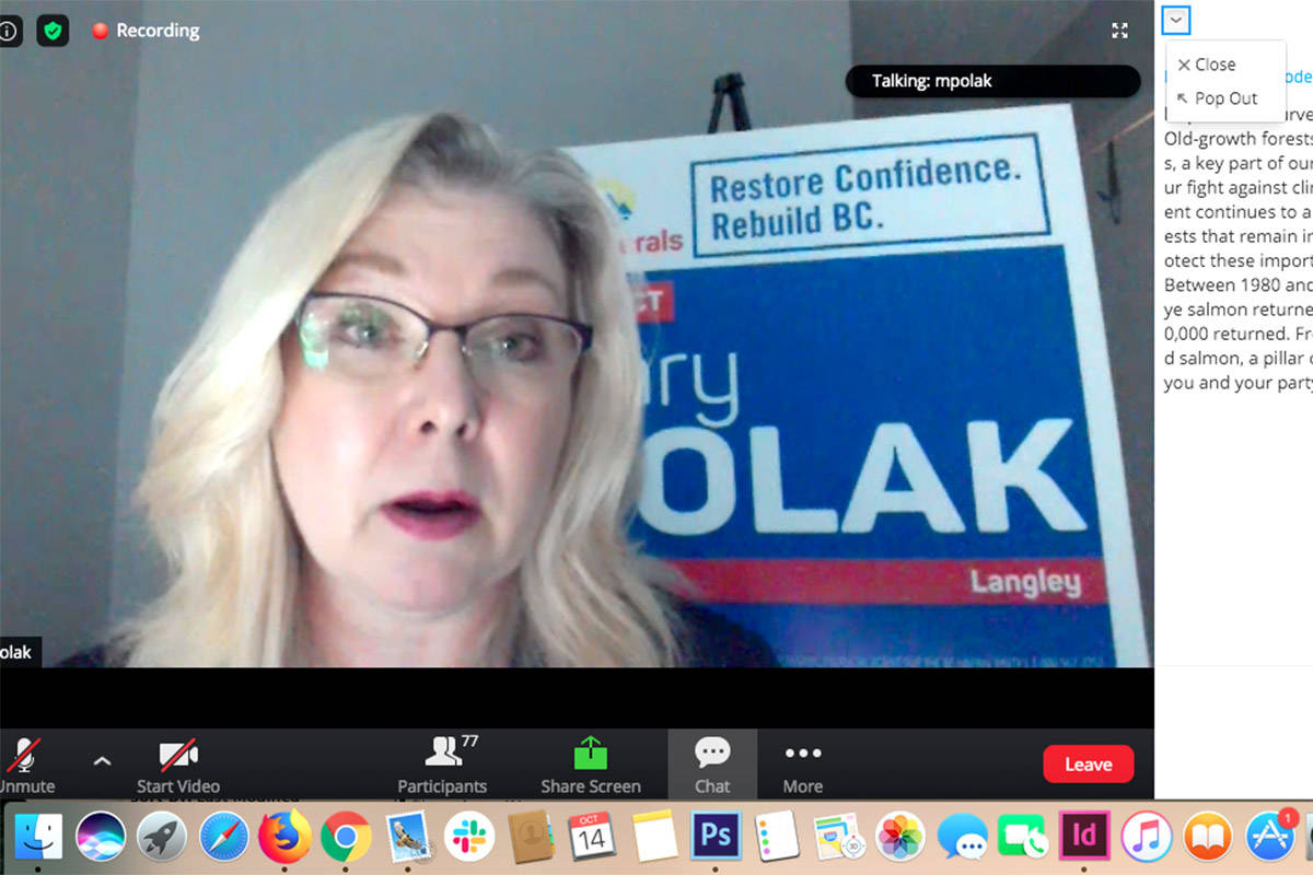 Langley Liberal incumbant Mary Polak speaks at all-candidates meeting on Zoom. (Screenshot)