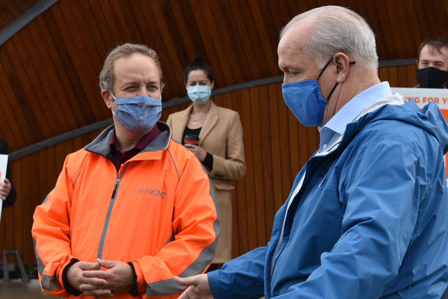 Local New Democrat Zeb King welcomed Premier John Horgan during a brief photo opportunity in Sidney Monday afternoon (Wolf Depner/News Staff)