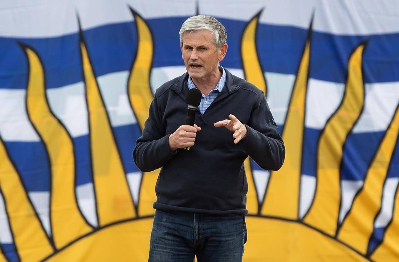 Liberal Leader Andrew Wilkinson speaks during a drive-in car rally campaign stop at a tour bus operator, in Delta, B.C., on October 17, 2020. THE CANADIAN PRESS/Darryl Dyck