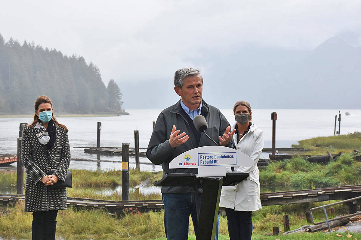 B.C. Liberal leader Andrew Wilkinson announces new infrastructure spending on the Lower Mainland on Monday, flanked by Maple Ridge-Pitt Meadows candidate Cheryl Ashlie and Maple Ridge-Mission candidate Chelsa Meadus. (Neil Corbett/Black Press)