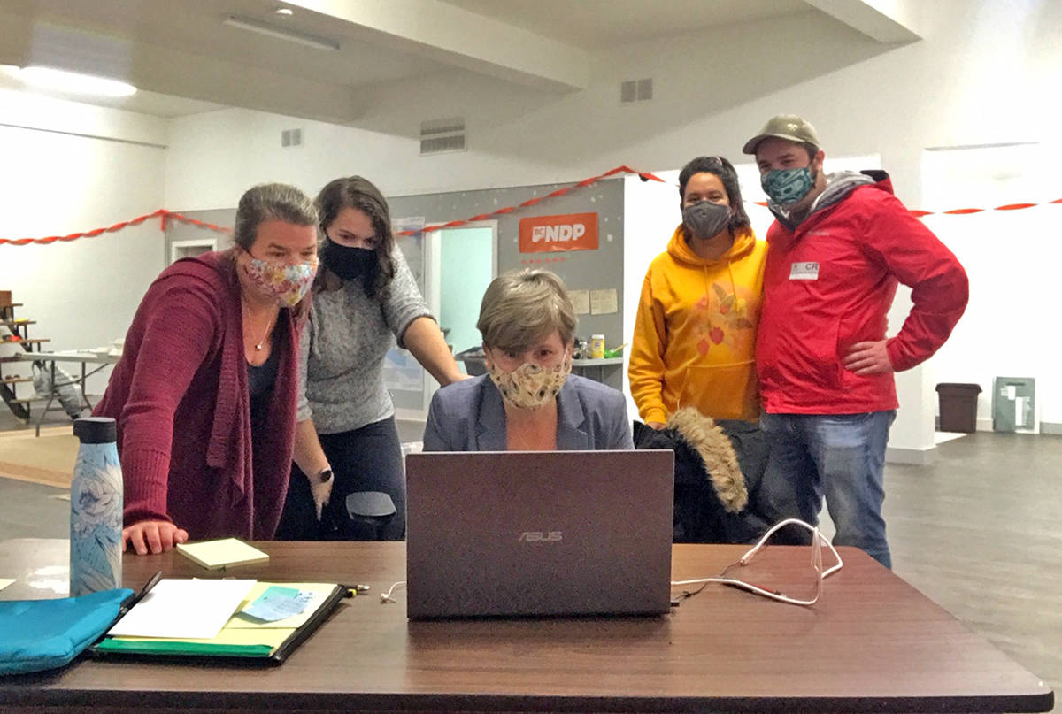 Josie Osborne and her campaign team watch the results roll in during B.C.’s provincial election on Saturday night. (Photo courtesy of Josie Osborne)