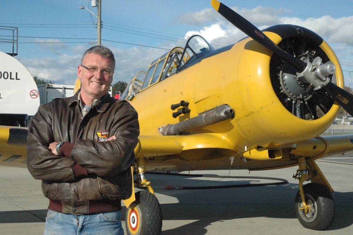 Pilot Kevin Maher participated in a flyover of a ceremony at the Cobble Hill cenotaph on Oct. 22 in a 1940 North American (Noorduyn) Harvard aircraft. (Robert Barron/Citizen)