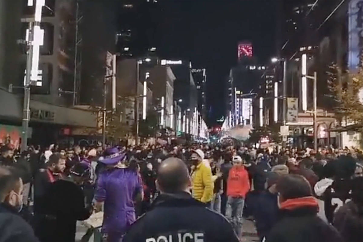 Social media images of large parties in Vancouver’s downtown on Halloween night, Oct. 31, 2020.