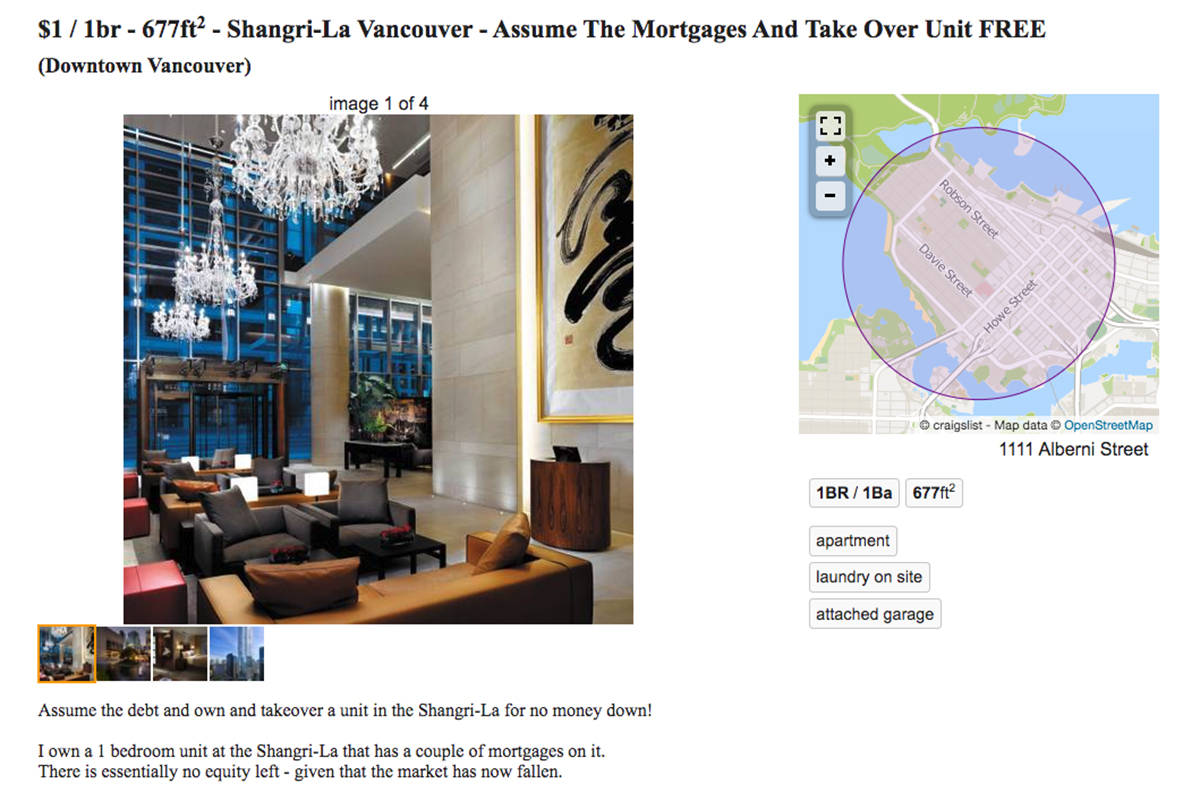 A one-bedroom unit at the Shangri-La in Vancouver is up on Craigslist for just $1 – but there’s a catch. (Craigslist)