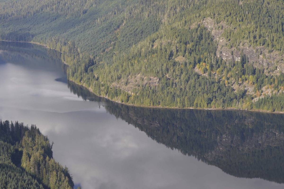 An aerial view of the spot on Muchalat lake that the Nootka Sound RCMP have recorded as the last known site of Silvio Strussi from 1970. The National Underwater Training Centre of the RCMP will conduct a search operation this week. Photo courtesy, Nootka Sound RCMP
