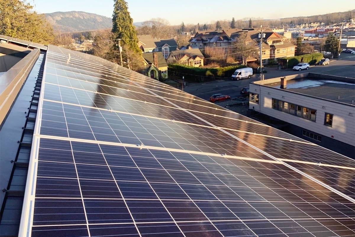 The City of Duncan is hoping for a grant to help pay for a solar-energy project, similar to the one pictured that GreenCoast installed on the roof of the Hilltop Building in Duncan last year, that is planned for the roof of the Duncan fire hall. (File photo)